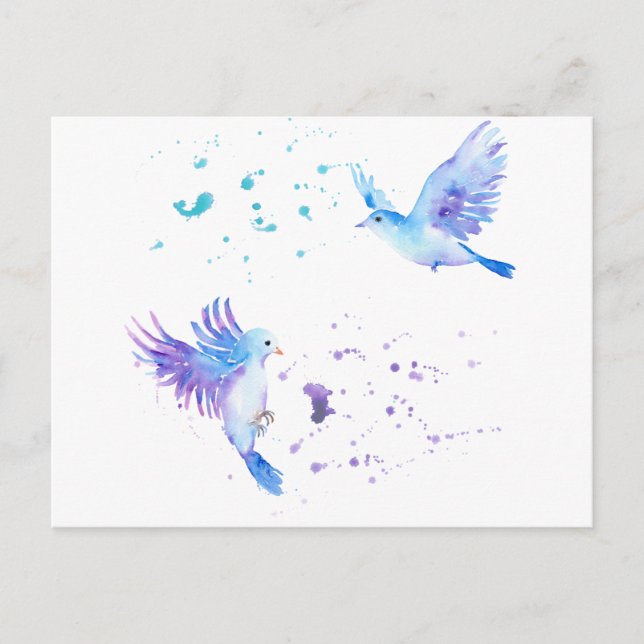 Watercolor Abstract Flying Blue Birds Postcard (Front)