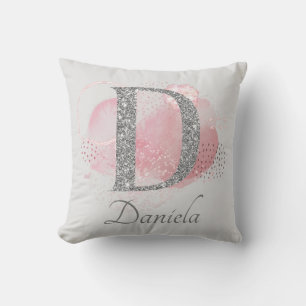 Watercolor Abstract & Glitter Letter D Cushion