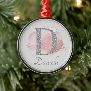 Watercolor Abstract & Glitter Letter  D   Metal Tree Decoration