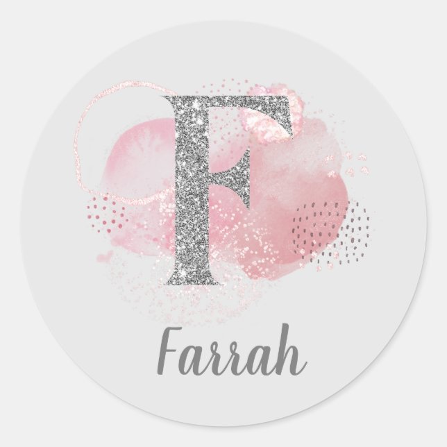 Watercolor Abstract & Glitter Letter F  Classic Round Sticker (Front)