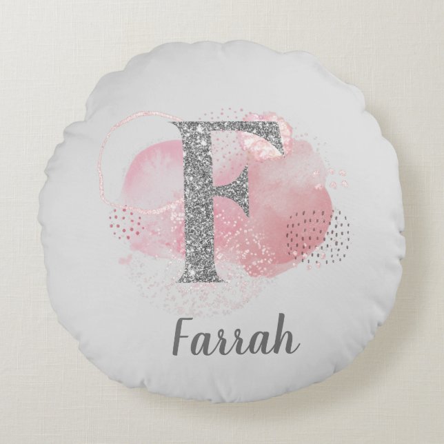 Watercolor Abstract & Glitter Letter F  Round Cushion (Front)