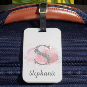 Watercolor Abstract & Glitter Letter  S   Luggage Tag