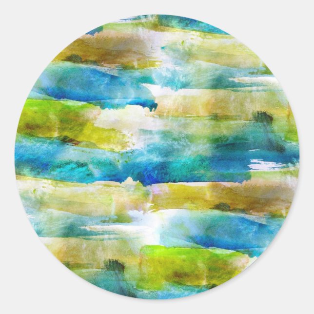 Watercolor abstract green, blue classic round sticker (Front)