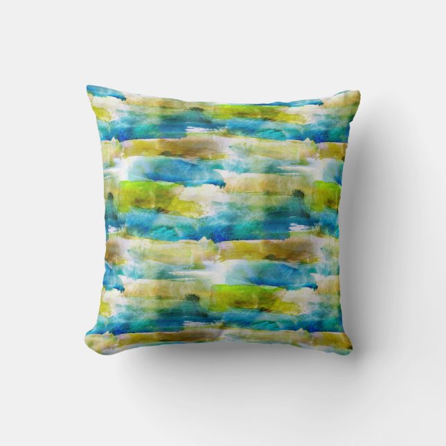Watercolor abstract green, blue cushion (Front)