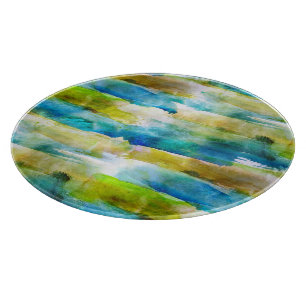 Watercolor abstract green, blue cutting board