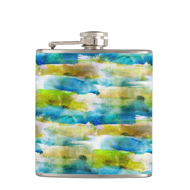 Watercolor abstract green, blue hip flask (Front)