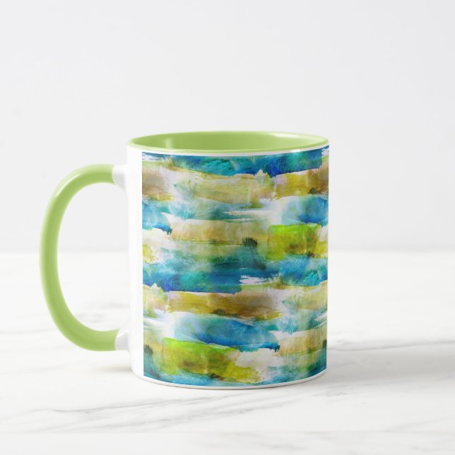 Watercolor abstract green, blue mug (Left)