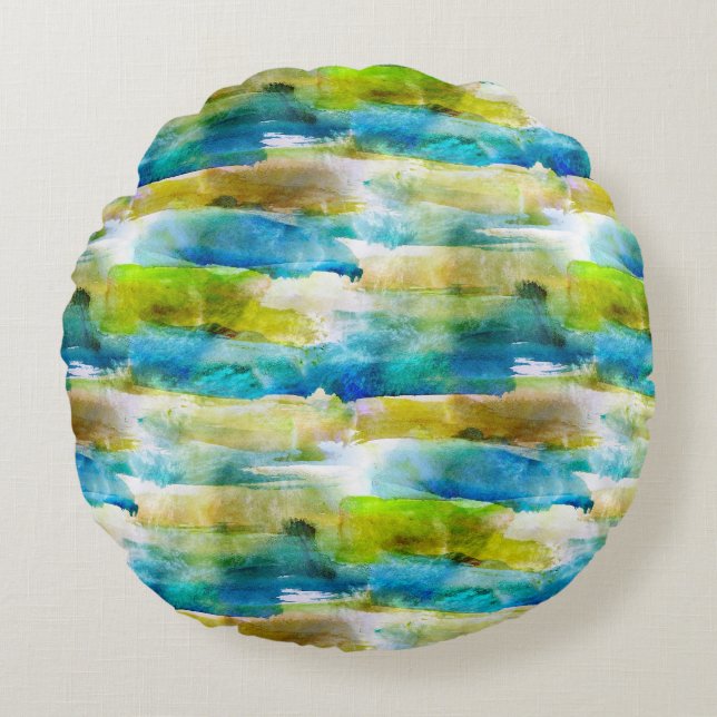 Watercolor abstract green, blue round cushion (Front)