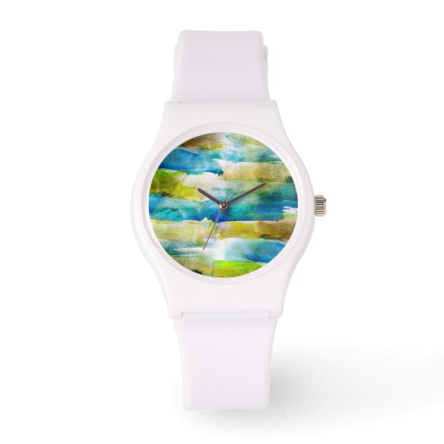 Watercolor abstract green, blue watch (Front)