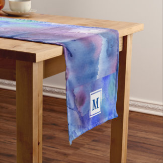 Watercolor Abstract Hand-Painted Blue Purple Teal Short Table Runner