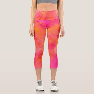 Watercolor Abstract Ink Art Pink Orange Capri Leggings