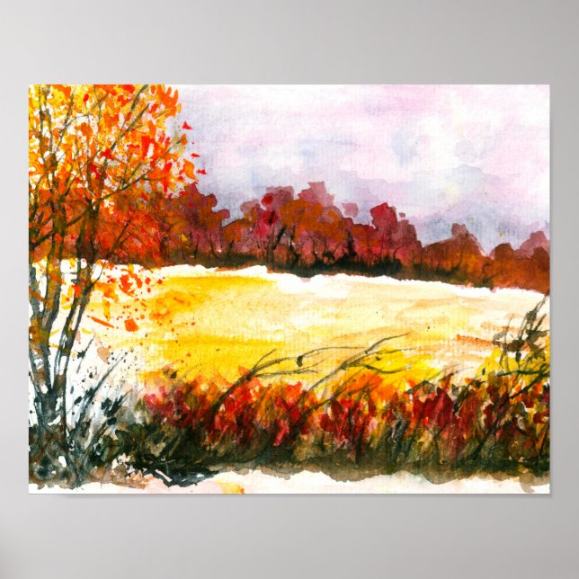 Watercolor Abstract Landscape Art Autumn Trees Poster (Front)