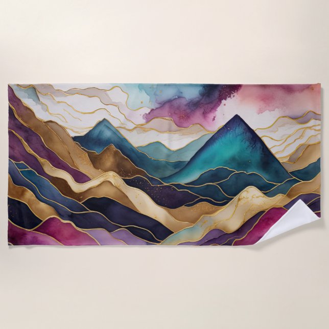 Watercolor Abstract Landscape Gold Blue Purple Beach Towel (Front)