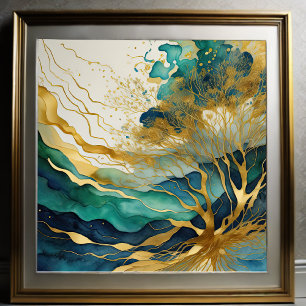 Watercolor Abstract Landscape Painting Gold 1:1 Poster