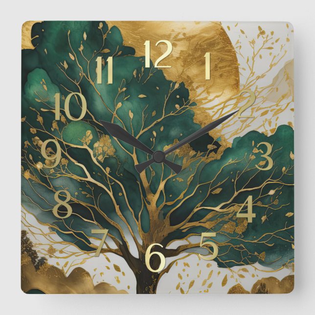 Watercolor Abstract Landscape Painting Gold II Square Wall Clock (Front)