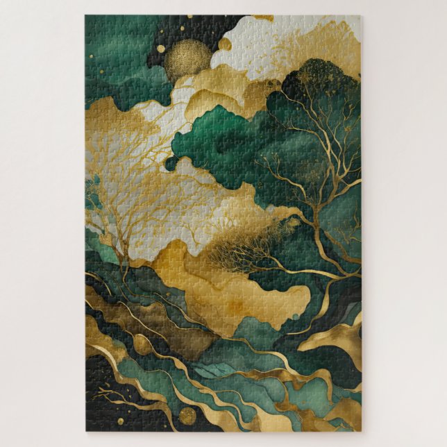 Watercolor Abstract Landscape Painting Gold Jigsaw Puzzle (Vertical)