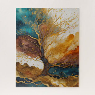 Watercolor Abstract Landscape Painting Gold Jigsaw Puzzle