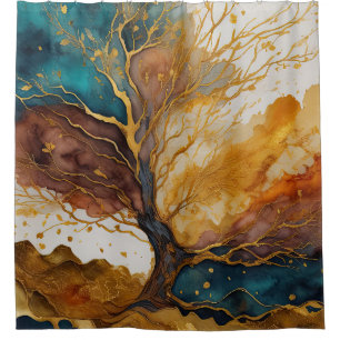 Watercolor Abstract Landscape Painting Gold Shower Curtain