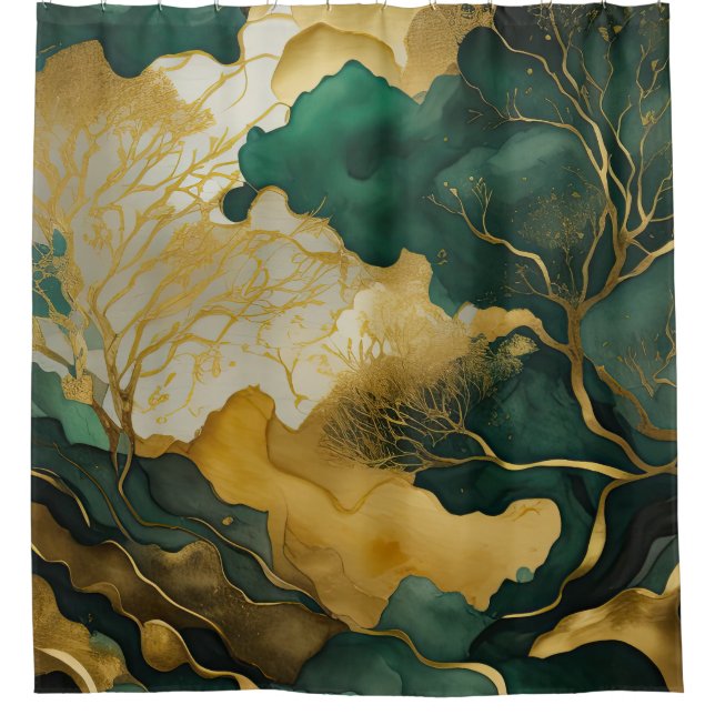 Watercolor Abstract Landscape Painting Gold Shower Curtain (Front)