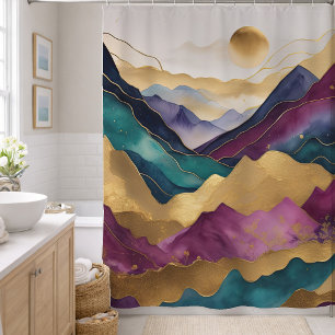 Watercolor Abstract Landscape Painting Gold Shower Curtain