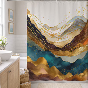 Watercolor Abstract Landscape Painting Gold Shower Curtain