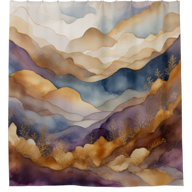Watercolor Abstract Landscape Painting Gold Shower Curtain (Front)