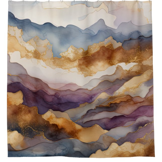 Watercolor Abstract Landscape Painting Gold Shower Curtain (Front)