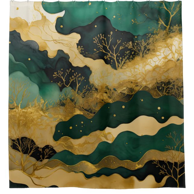 Watercolor Abstract Landscape Painting Gold Shower Curtain (Front)