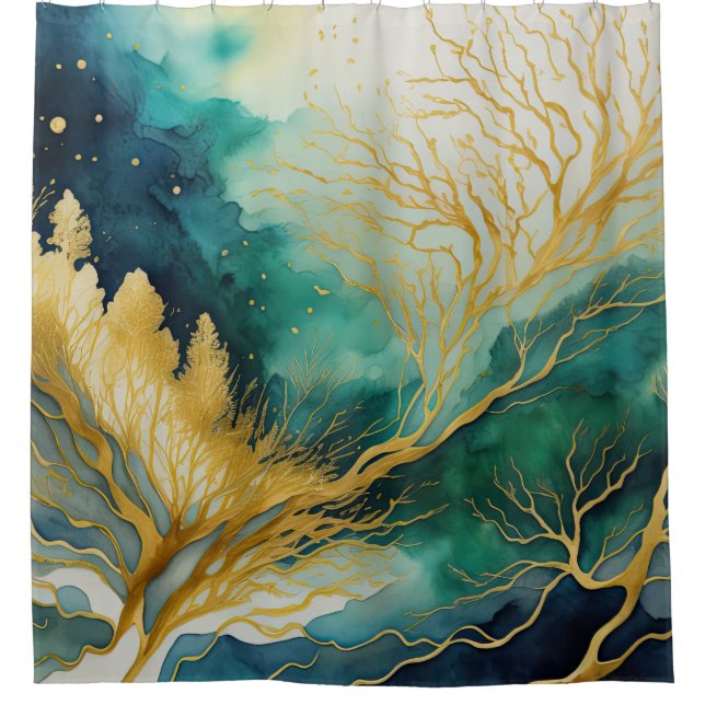 Watercolor Abstract Landscape Painting Gold Shower Curtain (Front)