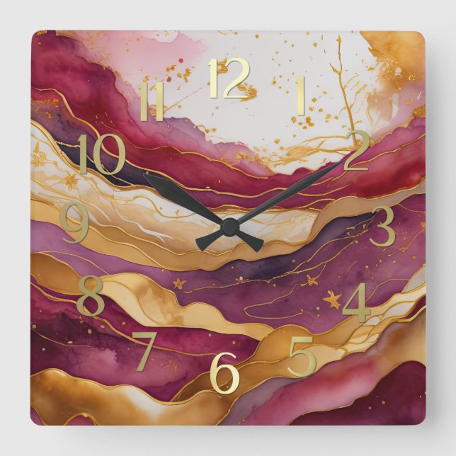 Watercolor Abstract Landscape Painting Gold  Square Wall Clock (Front)