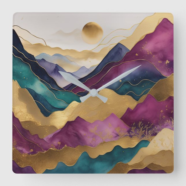 Watercolor Abstract Landscape Painting Gold Square Wall Clock (Front)