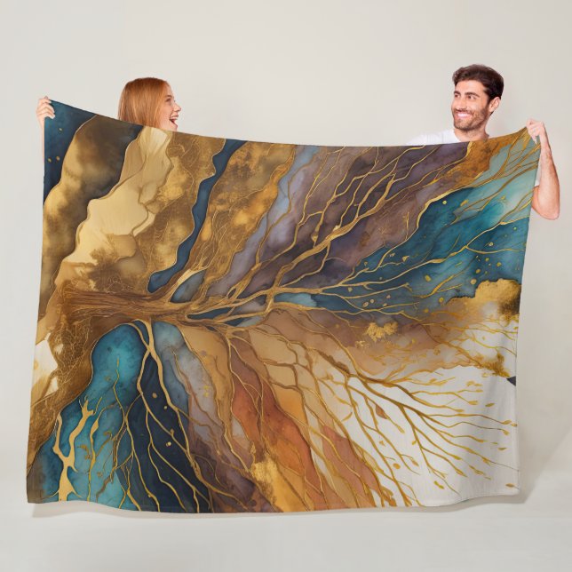 Watercolor Abstract Landscape Painting Gold Tree Fleece Blanket (In Situ)