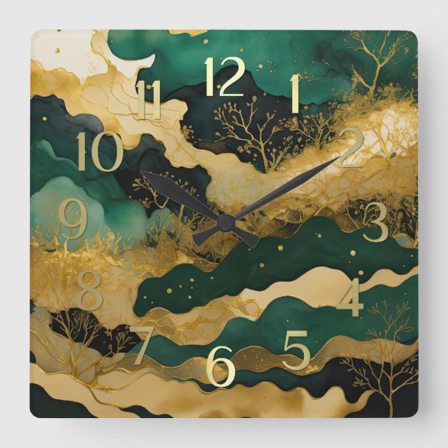 Watercolor Abstract Landscape Painting Green III Square Wall Clock (Front)