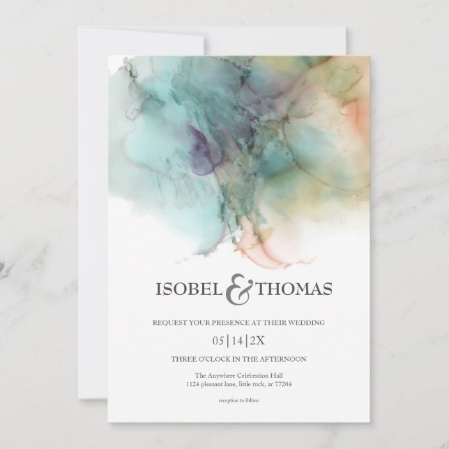 Watercolor Abstract Peach & Green Wedding Invitation (Front)