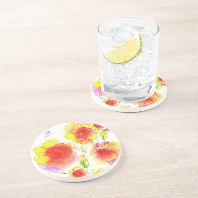 Watercolor abstract red and yellow flowers coaster (Side)