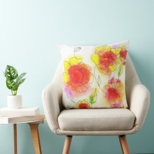Watercolor abstract red and yellow flowers cushion