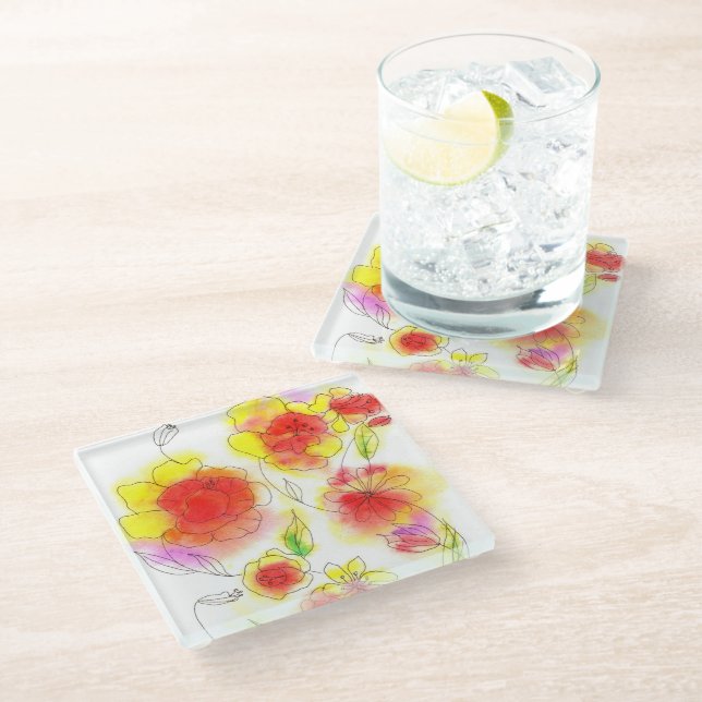 Watercolor abstract red and yellow flowers glass coaster (Angled)