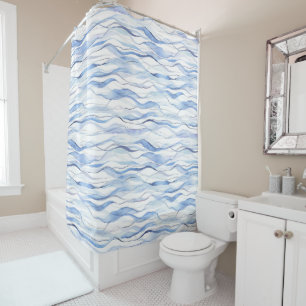 Watercolor Abstract Shades of Blue Sea Waves Shower Curtain