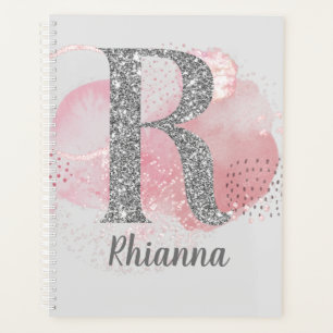 Watercolor Abstract & Silver Glitter Letter R   Planner