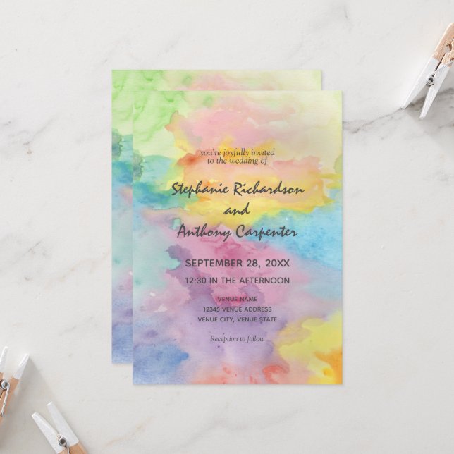 Watercolor Abstract Whimsical Colourful Fun Weddin Invitation (Front/Back In Situ)