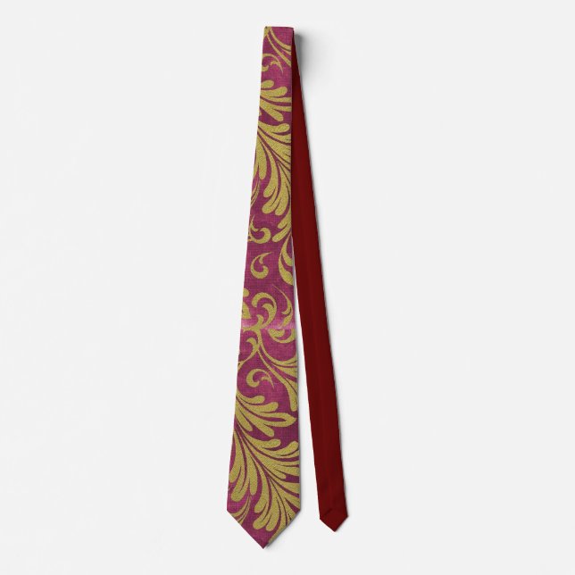 Watercolor Acanthus Leaves Purple Magenta Gold Tie (Front)