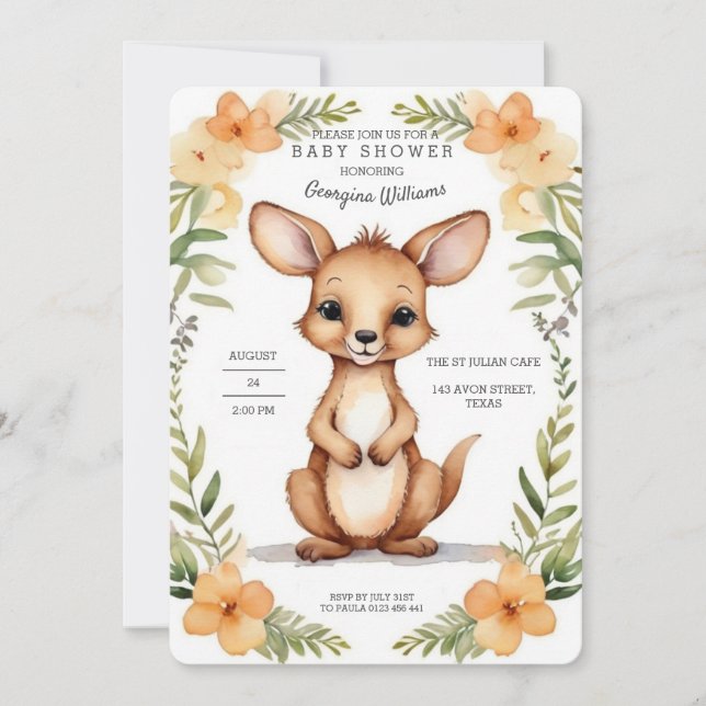 Watercolor Adorable Kangaroo Baby Shower Invitation (Front)