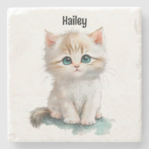 Watercolor Adorable Kitten with Blue Eyes Stone Coaster