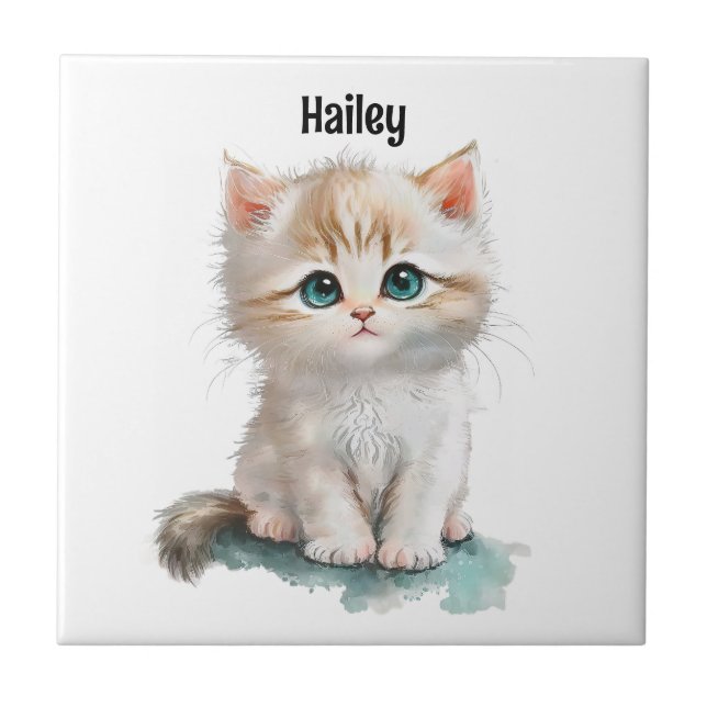 Watercolor Adorable Kitten with Blue Eyes  Tile (Front)