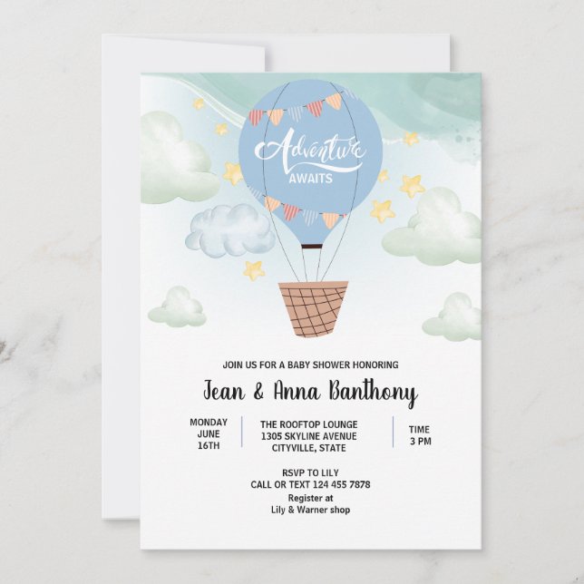  watercolor adventure awaits baby shower invitation (Front)