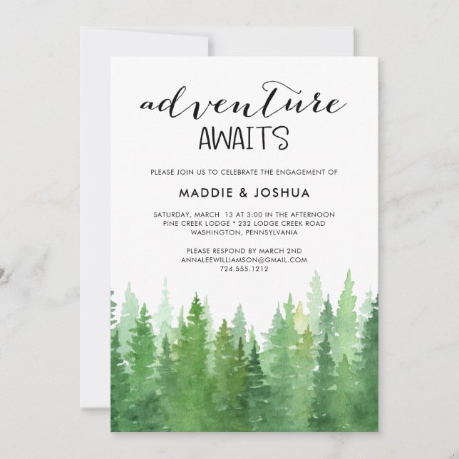 Watercolor Adventure Awaits Forest Engagement  Invitation (Front)