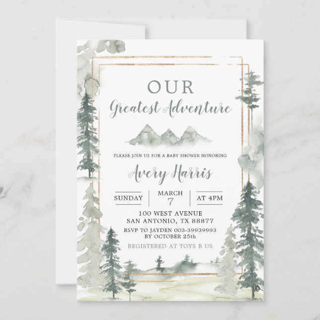 Watercolor Adventure Forest Pine Tree Baby Shower Invitation (Front)