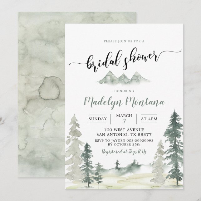 Watercolor Adventure Forest PineTree Bridal Shower Invitation (Front/Back)