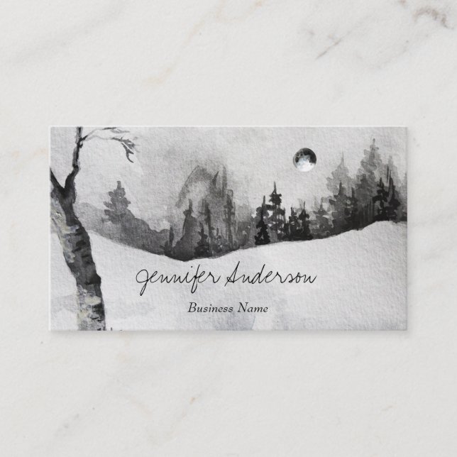 Watercolor Adventure Woodland Moon Pine Forest Business Card (Front)