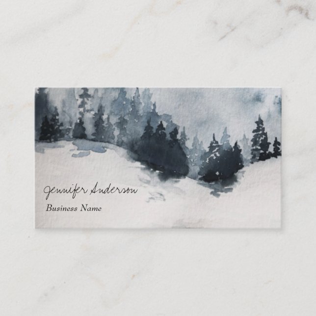 Watercolor Adventure Woodland Winter Pine Forest Business Card (Front)